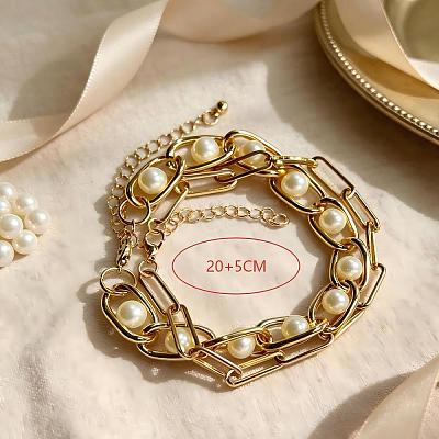 Vintage White Round Imitation Pearl Iron Chain 2-Strand Bracelets for Women HP8707-1
