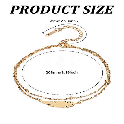1Pc Feather Stainless Steel Link Chain Double Chain Anklets for Women AJEW-LP0007-82G-1