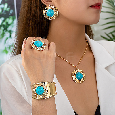 Round Alloy & Synthetic Turquoise Pendant Necklace & Stud Earring & Cuff Bangle & Rings Sets FS-WG9CCFC-01-1