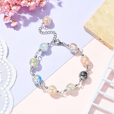 Resin with Gold Foil Round Beaded Chain Bracelet BJEW-JB09474-01-1