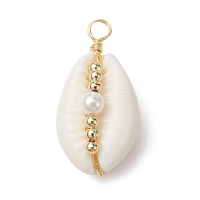 Natural Cowrie Shell Copper Wire Wrapped Pendants PALLOY-JF02277-03-1