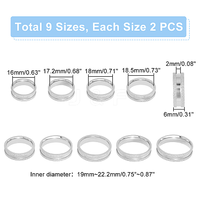18Pcs 9 Size 201 Stainless Steel Grooved Finger Ring for Men Women STAS-UN0045-60B-P-1