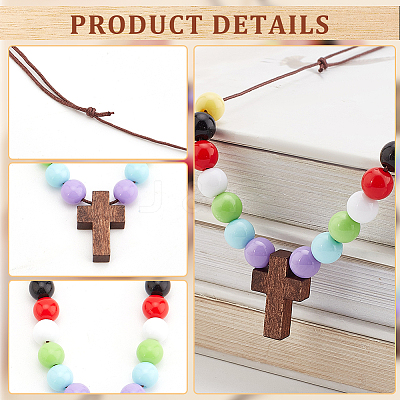 Wood Cross with Acrylic Beaded Pendant Necklaces for Women NJEW-AB00012-1