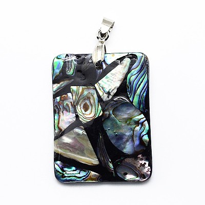 Brass Paua Shell Rectangle Pendants SSHEL-F0006-59-1
