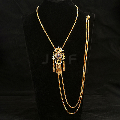 Vintage Gothic Style Brass Pave Cubic Zirconia Flower Long Tassel Lariat Necklace Brooch for Women GO0016-3-1