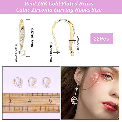 22Pcs Brass Micro Pave Clear Cubic Zirconia Earring Hooks KK-CN0002-34-1