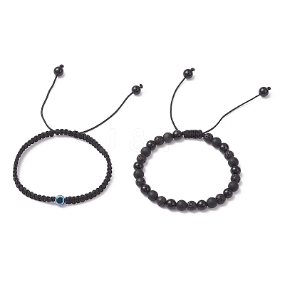 2Pcs 2 Styles Natural Black Onyx & Black Agate & Synthetic Lava Rock Beads Braided Bead Bracelets for Women BJEW-JB12591-1