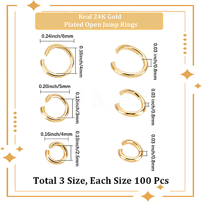 300Pcs 3 Styles Rack Plating Brass Open Jump Rings KK-BBC0023-05G-1