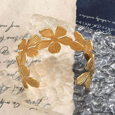 Flower 304 Stainless Steel Open Cuff Bangles for Women BJEW-M313-05G-1