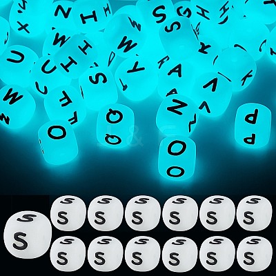 20Pcs Luminous Cube Letter Silicone Beads 12x12x12mm Square Dice Alphabet Beads with 2mm Hole Spacer Loose Letter Beads for Bracelet Necklace Jewelry Making JX437S-1
