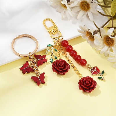 2 Styles Butterfly & Rose Synthetic Coral & Alloy Acrylic/Enamel Pendant Decorations KEYC-YW00182-02-1