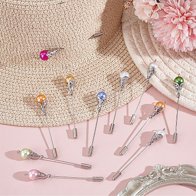 18Pcs 9 Styles Brass & Baking Paint Glass Pearl Round Beads Brooches JEWB-HY00006-1