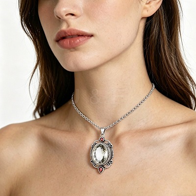 Alloy Glass Hollow Oval Pendant Necklaces for Women WG278AD-01-1