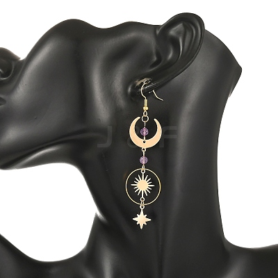 Brass & Natural Amethyst Dangle Earrings EJEW-TA00832-1