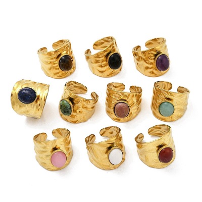 316 Stainless Steel with Natural Mixed Gemstone Cuff Rings RJEW-Z098-01G-16-1