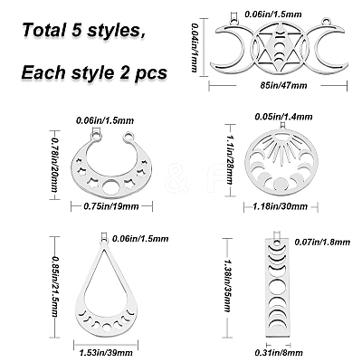 10Pcs 5 Style 201 Stainless Steel Laser Cut Pendants STAS-CN0001-23P-1