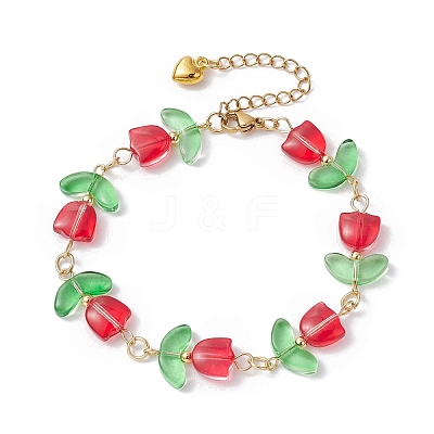Glass Tulip Flower Beaded Bracelet with 304 Stainless Steel Clasps BJEW-JB09959-02-1