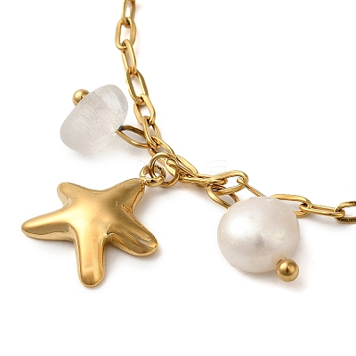 Natural Quartz Crystal & Fresheater Pearl & Starfish Charm Bracelets BJEW-K237-06G-03-1