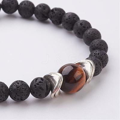 Natural Lava Rock and Tiger Eye Stretch Bracelets BJEW-JB03001-03-1