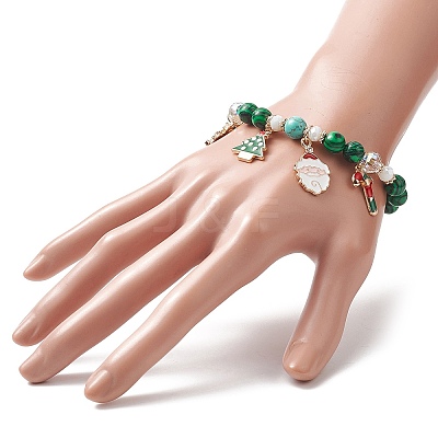 Synthetic Malachite Round Beaded Stretch Bracelet BJEW-TA00251-1