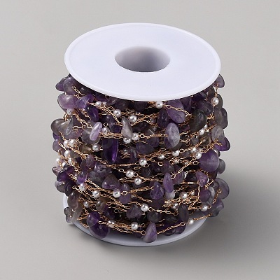 Natural Amethyst Chips & ABS Plastic Imitation Pearl Beaded Chains CHC-TAC0010-04-1