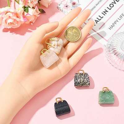 5Pcs 5 Styles Synthetic Blue Goldstone & Natural Cherry Blossom Agate & & Green Aventurine & Rose Quartz & Rhodonite Brass Pendants KK-YW0003-41-1