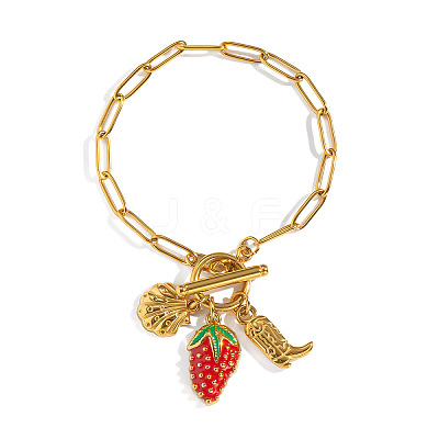 Ocean 304 Stainless Steel Enamel Strawberry Shell Shape Charm Paperclip Chain Bracelets with OT Clasps VA6795-1