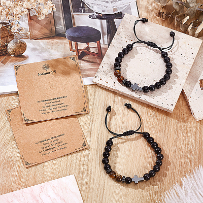 Adjustable Natural Yellow Tiger Eye & Obsidian Round Beaded Braided Bead Bracelets BJEW-WH0023-97-1