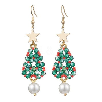 Glass Seed & Glass Pearl Beads Tree Dangle Earrings EJEW-MZ00276-02-1