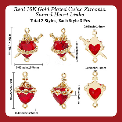 6Pcs 2 Styles Brass FireBrick Cubic Zirconia Rose Heart with Sword/Sacred Heart of Jesus Connector Charms KK-BBC0020-10-1