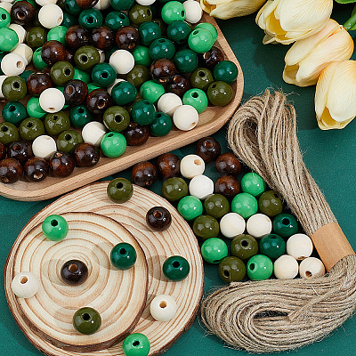 250Pcs 5  Colors Spray Painted Round Natural Schima Wood Beads WOOD-PA0001-73C-1