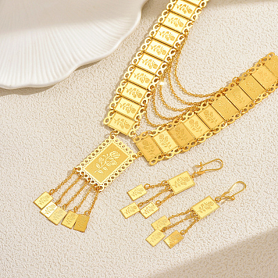 Vintage Brass Rectangle with Rose Tassel Earrings & Necklaces Sets for Women ZM7021-1