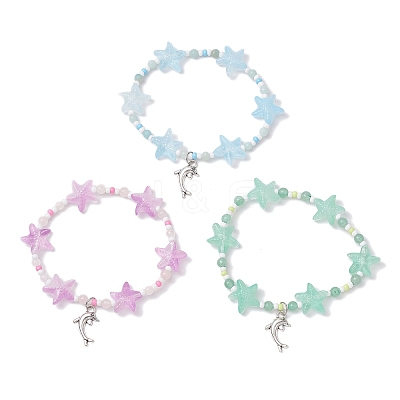 3Pcs 3 Colors Spray Painted Glass Star Beads & Natural Rose Quartz & Amazonite & Green Aventurine Beads Stretch Bracelets for Women BJEW-MZ00175-1