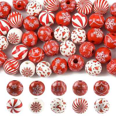 60Pcs 10 Styles Christmas Printed Schima Wood European Beads WOOD-FS0002-48-1