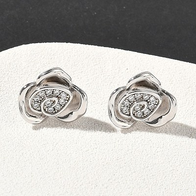 Rose Flower Brass Micro Pave Cubic Zirconia Stud Earrings EJEW-G452-08P-02-1