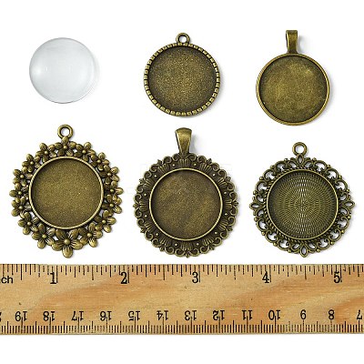 DIY Blank Round Glass & Tibetan Style Alloy Pendant Making Kits DIY-FS0006-10-1