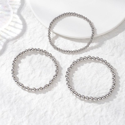 3Pcs 3 Styles Brass Round Beads Stretch Bracelets for Women BJEW-JB12796-1