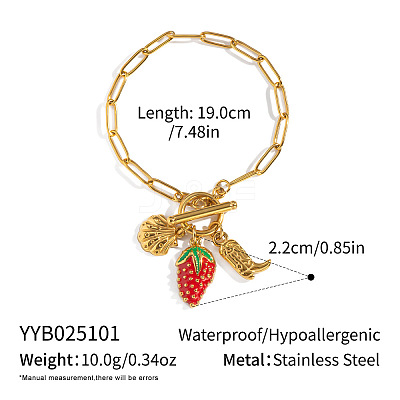 Ocean 304 Stainless Steel Enamel Strawberry Shell Shape Charm Paperclip Chain Bracelets with OT Clasps VA6795-1