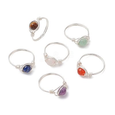 Round Natural Amethyst/Green Aventurine/Carnelian/Rose Quartz/Tiger Eye/Lapis Lazuli Braided Finger Ring RJEW-JR00743-01-1