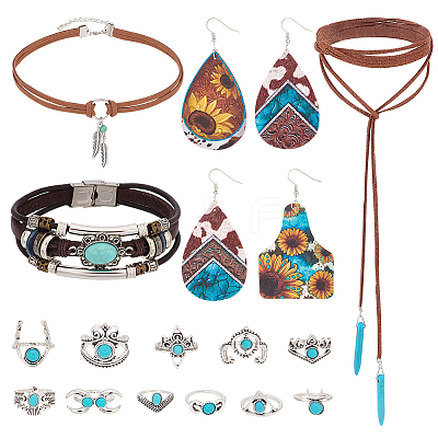 Imitation Leather Oval & Teardrop Finger Rings & Multi-strand Bracelet & Dangle Earrings & Lariat Necklace with Synthetic Turquoise SJEW-PH0001-12-1