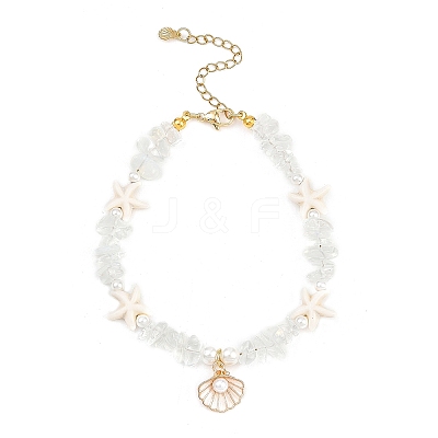 Zinc Alloy Enamel Shell Shape Charm Round Shell Pearl & Dyed Synthetic Turquoise Starfish & Opalite Chip Beaded Anklets AJEW-AN00735-01-1