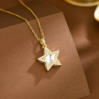 304 Stainless Steel Pave Clear Cubic Zirconia Star Pendant Necklaces for Women WG2EDAA-04-1