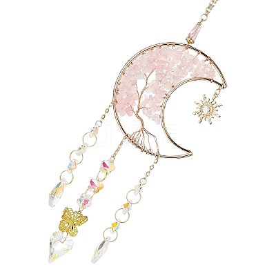 Moon with Tree of Life Natural Rose Quartz Chip Pendant Decorations AJEW-Q143-06-1