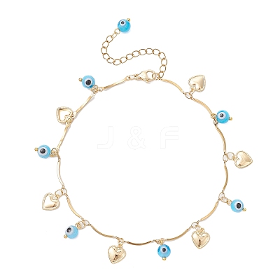 Handmade Evil Eye Lampwork & Stainless Steel Heart Tassel 304 Stainless Steel Curved Bar Link Chain Anklets for Women AJEW-AN00742-03-1