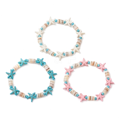 3Pcs Synthetic Turquoise & Natural Freshwater Shell Beads Stretch Bracelets for Women BJEW-JB12021-1