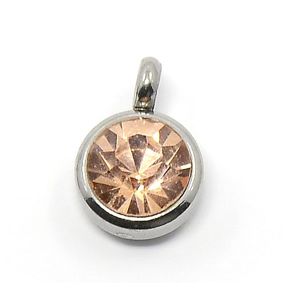 Trendy Original Color 304 Stainless Steel Grade A Rhinestone Flat Round Charm Pendants RB-M030-06-1