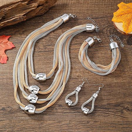 Alloy Barrel Beaded Multilayer Necklaces & Dangle Earring & Multilayer Bracelets Sets FS-WGE8EEA-04-1