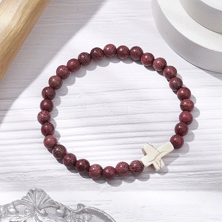 Natural Wood Beads Stretch Bracelets for Women BJEW-JB11338-04-1