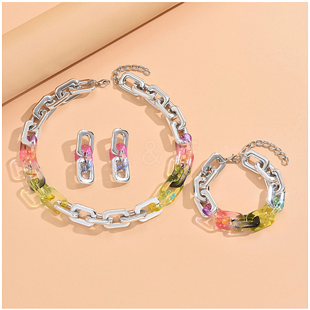Alloy & Acrylic Rectangle Link Chain Necklace & Bracelet & Stud Dangle Earring Sets FS-WG12B03-02-1