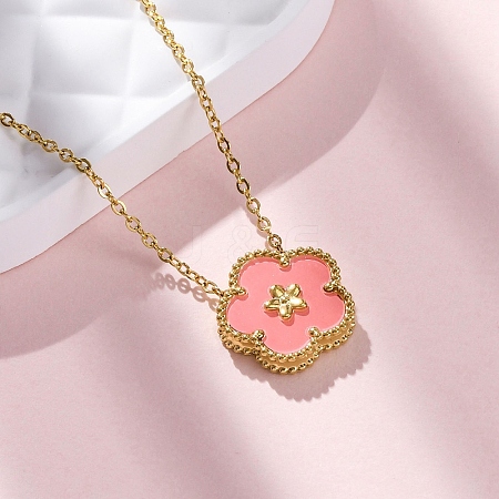 304 Stainless Steel Pink Enamel 5-Petal Flower Pendant Necklaces for Women NJEW-U032-17G-02-1